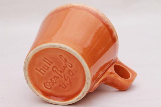 vintage Hull oven proof pottery coffee mug, tangerine orange drip glaze