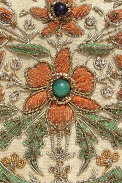 vintage India silk shoulder bag clutch purse w/ metal embroidery and gemstone beads