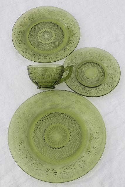 vintage Indiana daisy pattern glass dishes, avocado green glass plates, cups & saucers