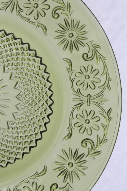 vintage Indiana daisy pattern glass dishes, avocado green glass plates, cups & saucers