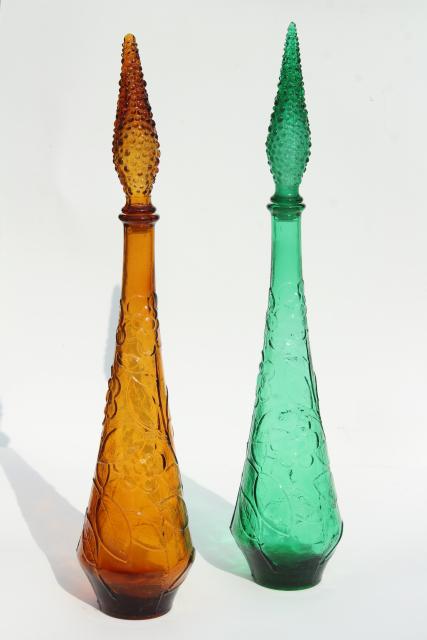 vintage Italian wine bottles, tall mod glass decanters in teal green & amber gold glass