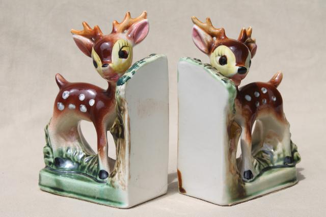 vintage Japan ceramic baby deer bookends, hand-painted spotted fawn book ends set
