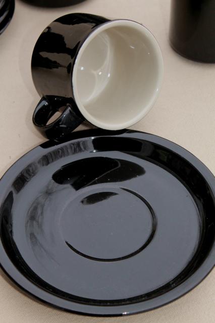 vintage Japan stoneware dishes, ceramic coffee mug cups & saucers, glossy black & tan pottery