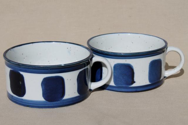 vintage Japan stoneware pottery soup mug bowls & coffee mugs, cobalt blue pattern
