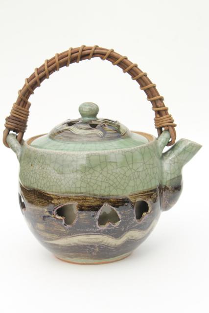 vintage Japanese Somayaki celadon green crackle glaze pottery tea pot & bowl cups