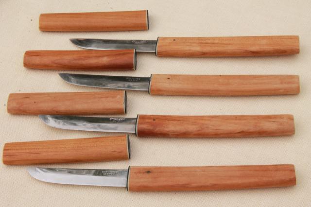 vintage Japanese bamboo wood cased steak knives set, unused knife set in original box