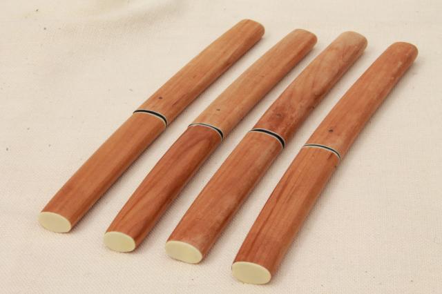 vintage Japanese bamboo wood cased steak knives set, unused knife set in original box