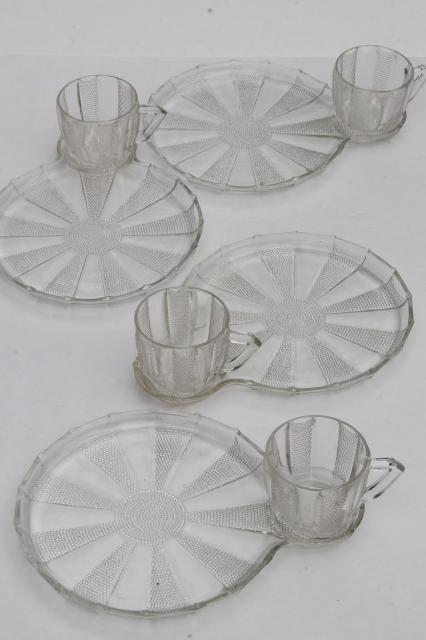 vintage Jeannette Dew Drop pattern glass snack sets, Dewdrop round wheel shape