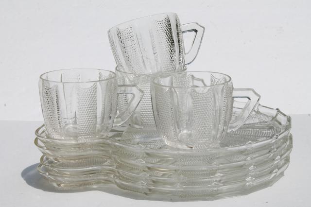 vintage Jeannette Dew Drop pattern glass snack sets, Dewdrop round wheel shape