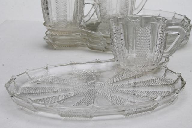 vintage Jeannette Dew Drop pattern glass snack sets, Dewdrop round wheel shape