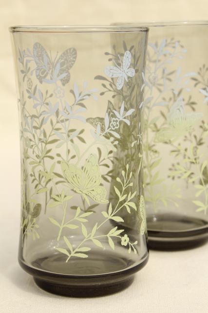 vintage Libbey drinking glasses smoke w/ spring green butterflies & flowers print