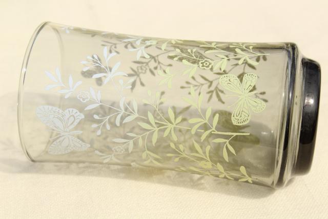vintage Libbey drinking glasses smoke w/ spring green butterflies & flowers print