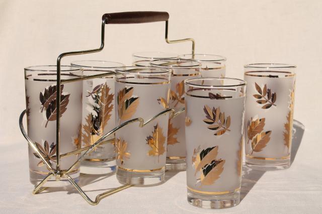 vintage Libbey glass Golden Foliage gold leaf leaves print drinking glasses set in carrier rack 