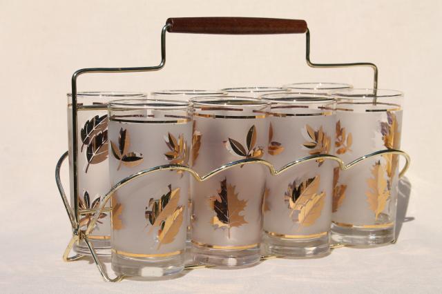 Golden Foliage Leaf Highball Glasses Set of 8 and Ice Bucket by