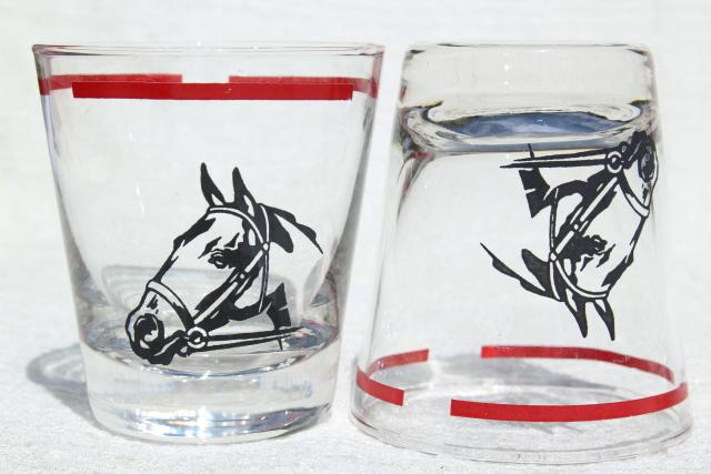 vintage Libbey glass drinking glasses, Derby winner horse head w/ red band