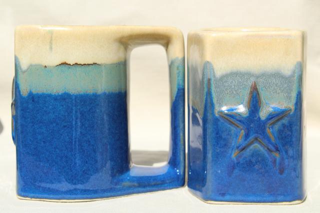 vintage Mexican Padilla pottery drip glaze coffee cups, southwest sky blue & tan