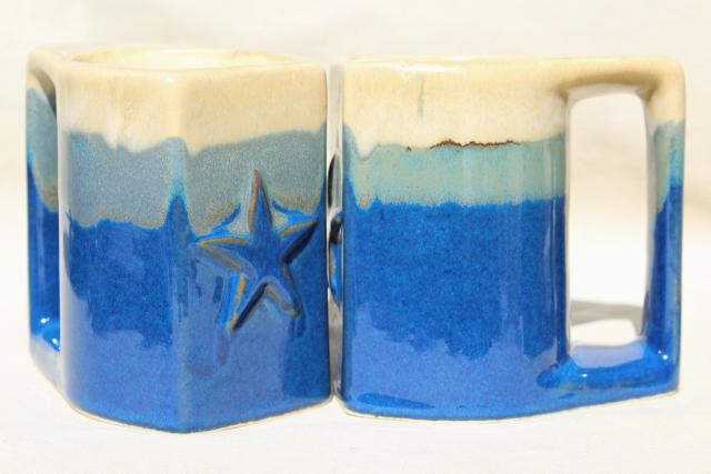 vintage Mexican Padilla pottery drip glaze coffee cups, southwest sky blue & tan