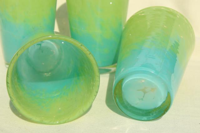 vintage Mexican glass tumblers, hand blown glass blue green confetti drinking glasses set