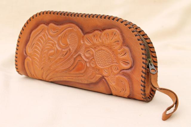 vintage Mexican tooled leather envelope bag, clutch purse wristlet w/ zipper closure