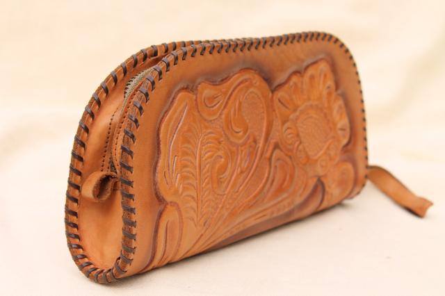 vintage Mexican tooled leather envelope bag, clutch purse wristlet w/ zipper closure