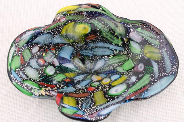 vintage Murano art glass bowl, millefiori confetti multi colors silver flake on black glass