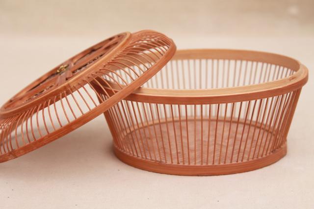 vintage Occupied Japan bamboo birdcage basket, large round box w/ lid