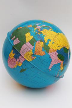 vintage Ohio Art tin globe, metal litho print world map globe ball w/ no stand