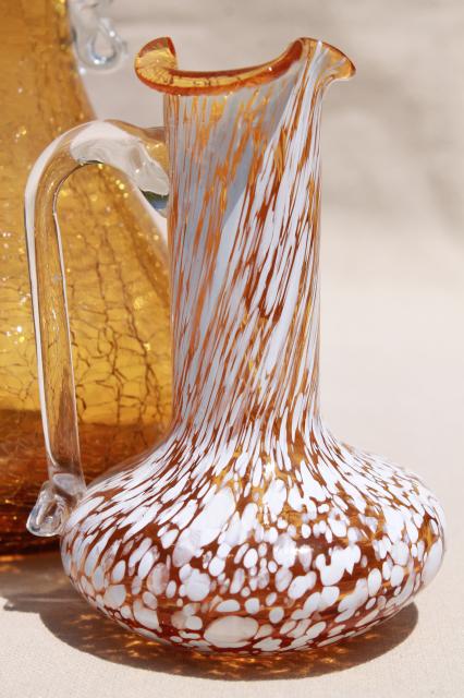 vintage Pilgrim art glass pitchers, hand blown amber crackle glass, mottled white