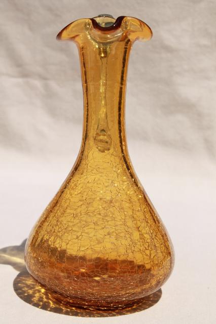 vintage Pilgrim art glass pitchers, hand blown amber crackle glass, mottled white