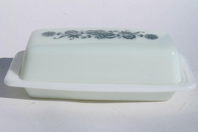 vintage Pyrex Old Town blue & white glass butter dish, plate w/ cover