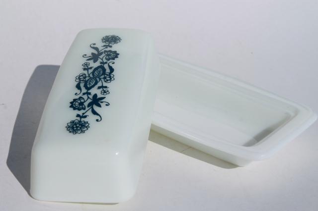 vintage Pyrex Old Town blue & white glass butter dish, plate w/ cover