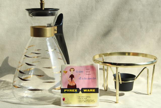 vintage Pyrex coffee server, glass carafe coffeepot w/ candle warmer stand