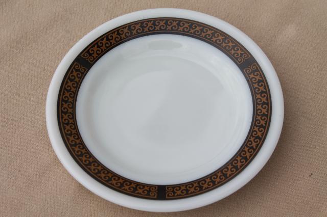 vintage Pyrex dinnerware, milk white glass plates w/ black & gold gothic fleur de lis border