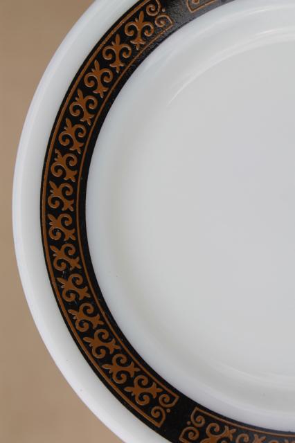 vintage Pyrex dinnerware, milk white glass plates w/ black & gold gothic fleur de lis border