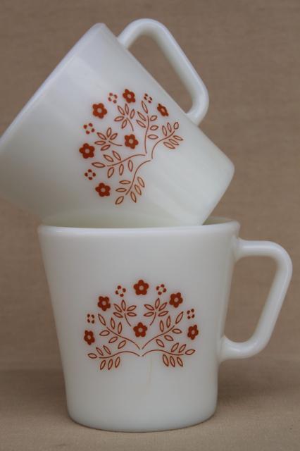 vintage Pyrex glass coffee mugs, Summer impressions floral in ginger orange brown