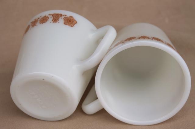 vintage Pyrex heavy milk glass coffee cups, Corelle butterfly gold mugs