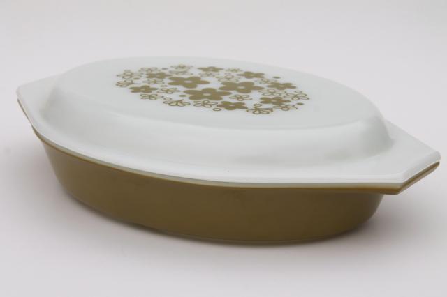 vintage Pyrex spring blossom green crazy daisy divided oval casserole w/ print lid