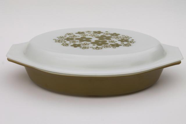 vintage Pyrex spring blossom green crazy daisy divided oval casserole w/ print lid