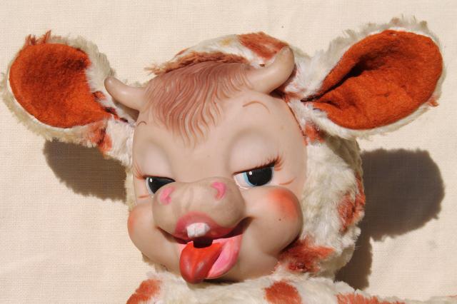 vintage Rushton rubber face toy, Bessie silly cow toothy grin calf, kitschy retro stuffed animal