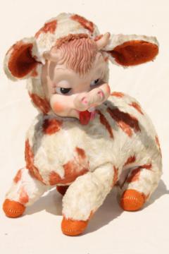 vintage Rushton rubber face toy, Bessie silly cow toothy grin calf, kitschy retro stuffed animal