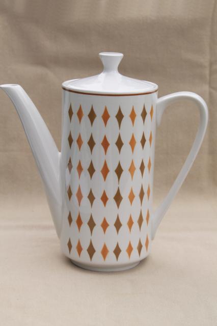 vintage Safari Mikasa Cera-Stone Japan ceramic coffee pot, mod harlequin diamonds pattern