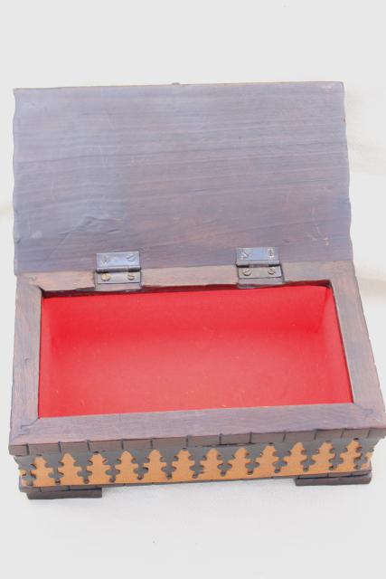 vintage Spanish leather covered carved wood boxes w/ medieval renaissance gothic style