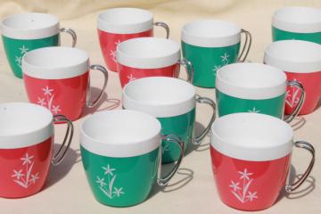 vintage Thermo-Serv thermoware insulated plastic mugs, unused set pink & aqua coffee cups