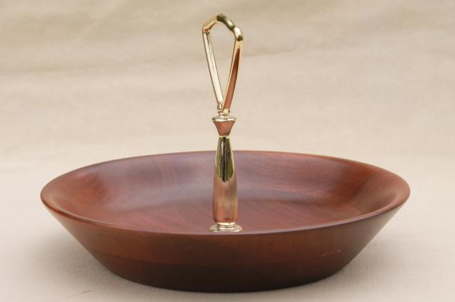 vintage Vermillion walnut wood bowl, nut dish w/ center handle, 60s danish mod style