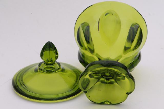 vintage Viking glass Epic line covered candy dish, retro green glass, mod genie bottle shape