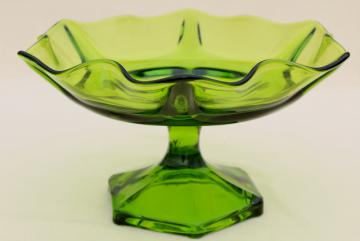 vintage Viking glass compote, retro green color Epic line art glass footed bowl