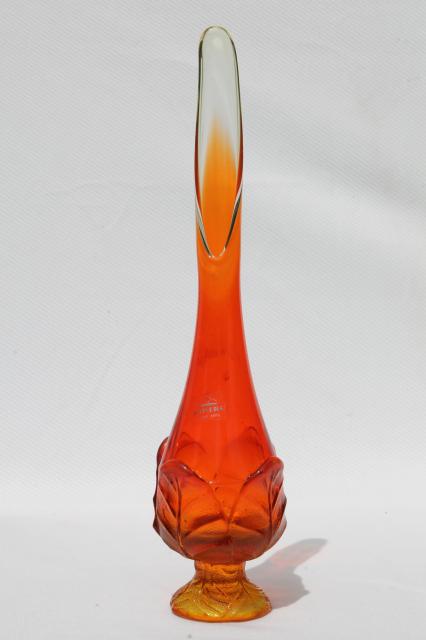 vintage Viking glass pebble cabbage leaf bud vase, retro flame orange art glass