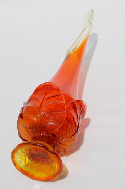 vintage Viking glass pebble cabbage leaf bud vase, retro flame orange art glass