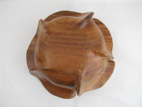 Vintage acacia wood salad bowl, retro tropical flower shape