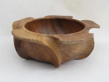 Vintage acacia wood salad bowl, retro tropical flower shape